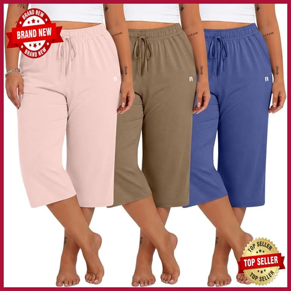 Plus Size Wide Leg Capri Sweatpants with Pockets, 3 Pack